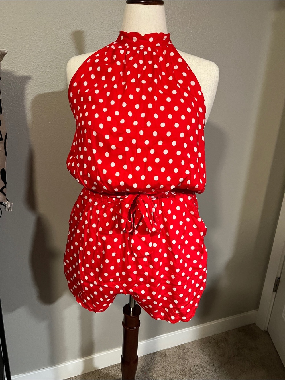 PrettyGarden Red Polka Dot halter romper with pockets